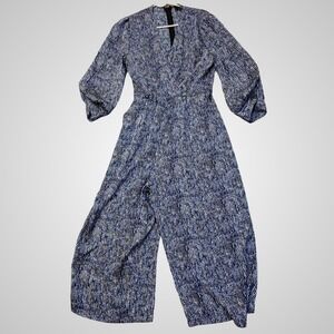 AX Paris Blue White Abstract Print Wide Leg Jumpsuit with Belt Womens Size 8